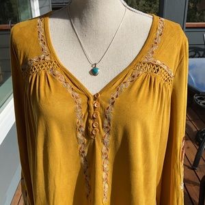 Bohemian Embroidered Velour Chamois Boho Hippie Chic Blouse Tunic Mustard Gold